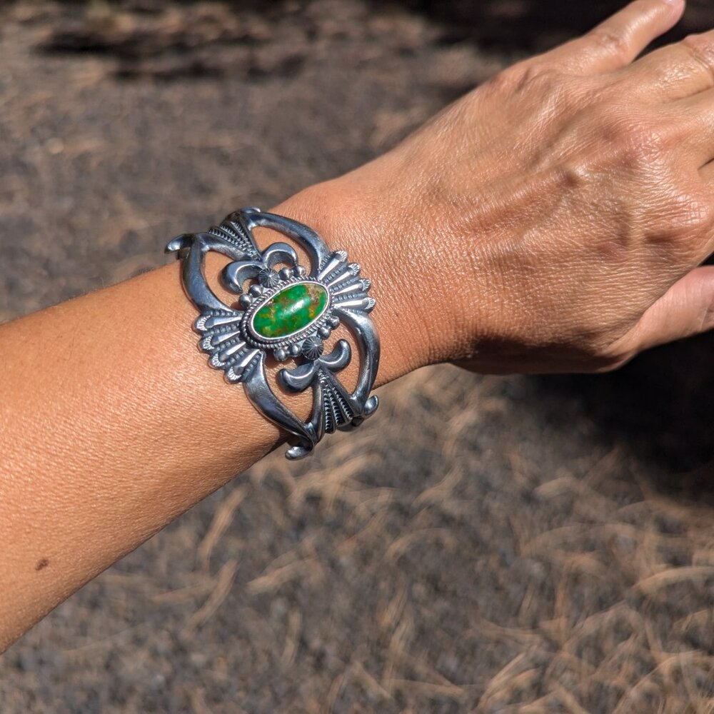 Handmade Native American Green Turquoise Cuff Bracelet Sterling Silver Sz 6.75** - Picture 3 of 9